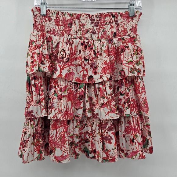 Anthropologie Dresses & Skirts - Anthropologie Tiered Ruffle Mini Skirt Large Red Floral Smocked Boho Cottagecore